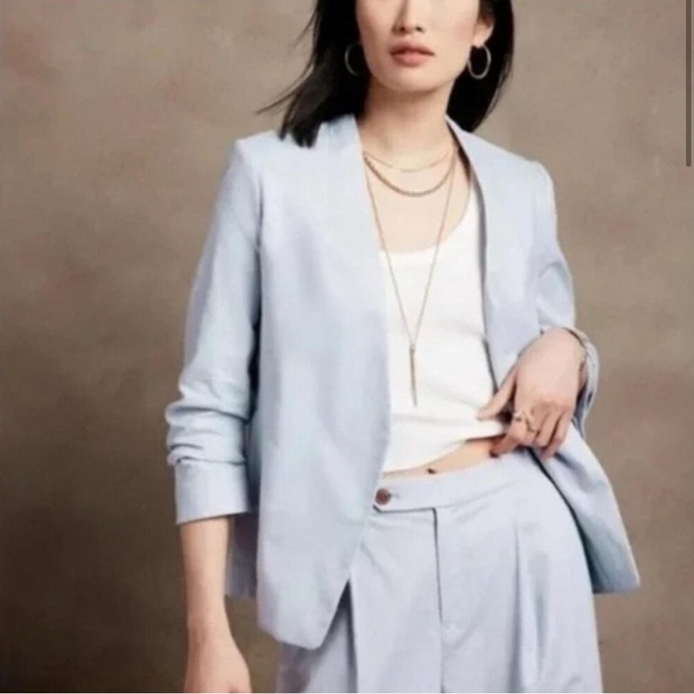 BANANA REPUBLIC Women's Light Blue Linen Blend Ruched Sleeve Open Front Blazer 0